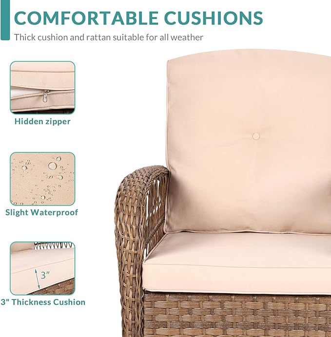 MEETWARM Patio Wicker Rocking Glider Set, All-Weather Outdoor Rattan Patio Rocking Chairs of 2, Patio Conversation Set with Thickened Cushions for Porch Garden & Backyard, Brown