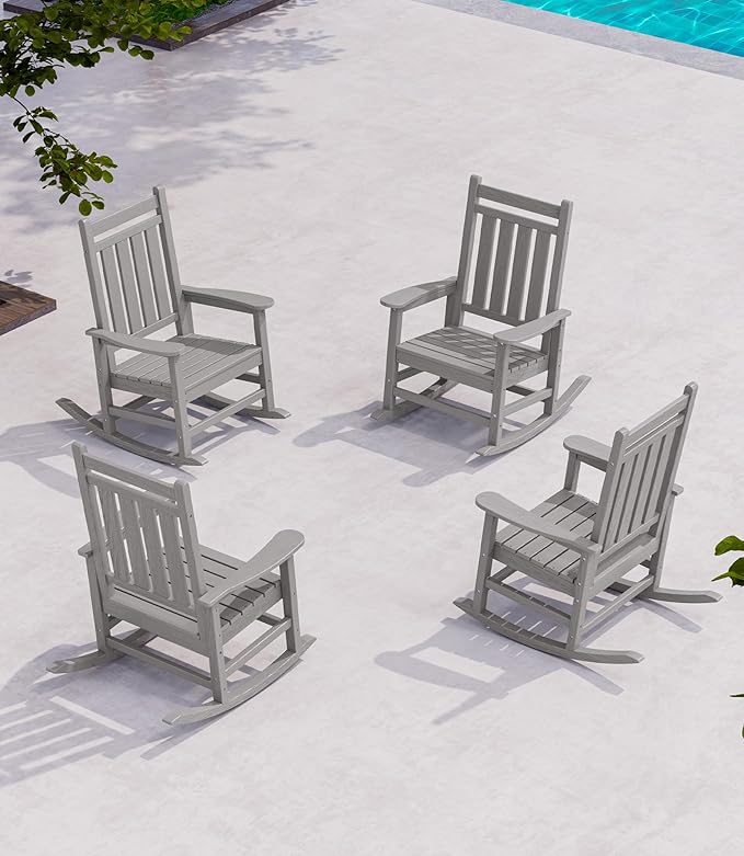SERWALL Oversized Outdoor Rocking Chair Set of 4, HDPE Rocker for Adults, Patio Rocking Chairs for Porch, Sliver Gray by SERWALL