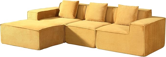 Compressed Sofa L Sectional, 112" Modular Cloud Couch with Ottoman, 23.2" Deep Seat Corduroy High-Back L-Shaped Sectional for Living Room/Bedroom, No Assembly, Ginger Yellow