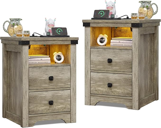 Airynee Nightstand with Charging Station, Farmhouse Nightstand with LED Lights, Modern Rustic Side Table with 2 Storage Drawers, Wooden End Table for Bedroom, Light Rustic Oak 2pcs by Airynee