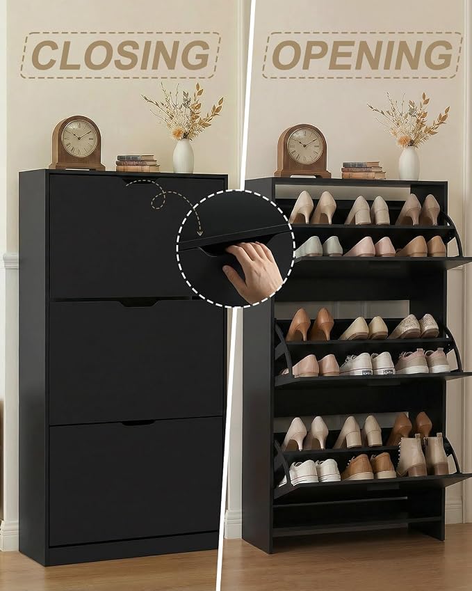 Slim Shoe Cabinet with 3 Flip Drawers, Narrow Shoe Storage Cabinet, Hidden Shoe Organizer for Entryway, Freestanding Shoe Rack for Hallway Living Room(Black, 3 Drawers) - Image 8
