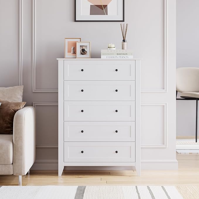 GarveeHome White 5 Chest of Drawer Dresser, Modern Tall Nightstand with Deep Drawers and Nickel Round Handle, Wood Organizer Storage Cabinet for Bedroom, Living Room, Hallway - Image 3