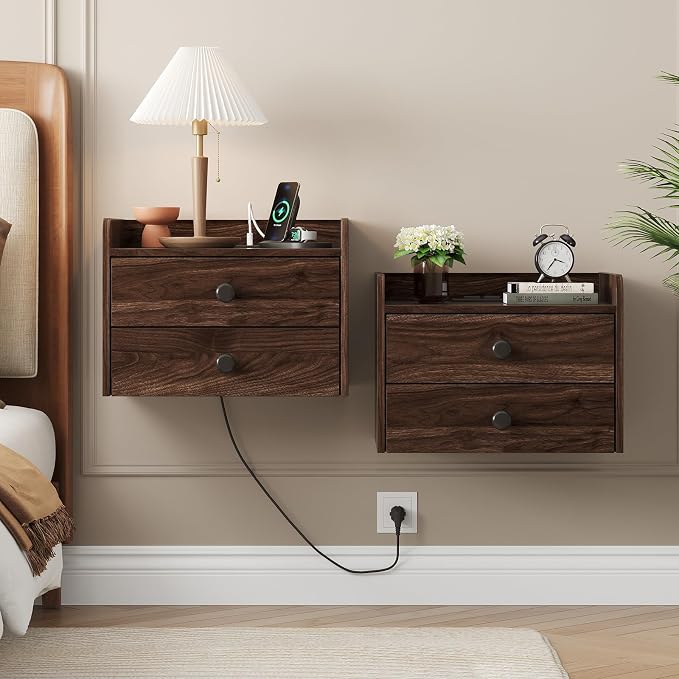 Floating Nightstand Set of 2 with 2 Storage Drawers and Charging Station Wood Wall Mounted Bedside End Table Modern Night Stands Set 2 for Bedroom,Small Space,Brown Walnut - Image 8