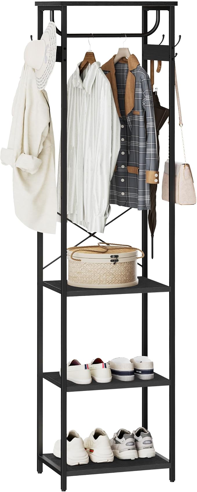 Coat Rack With Hanging Rod, Garment Rack With 3 Wooden Shelves and 4 Hooks, Freestanding Hall Tree, Industrial Clothes Rack Stand Organizer, Black by Cerlyunzan
