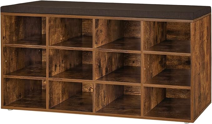 DINZI LVJ Shoe Storage Bench with Cushion, Cubby Shoe Rack with 12 Cubbies, Adjustable Shelves, Multifunctional Shoe Organizer Bench for Entryway, Mudroom, Hallway, Closet and Garage, Rustic Brown by DINZILVJ