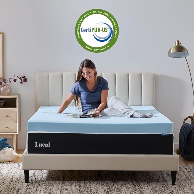 Lucid 4 Inch Memory Foam Mattress Topper, Queen Size – Cooling Gel Bed Topper – Preassure-Relieving Ultra Plush Feel – Ventilated Breathable Design – CertiPur Certified - Dorm Room Essentials