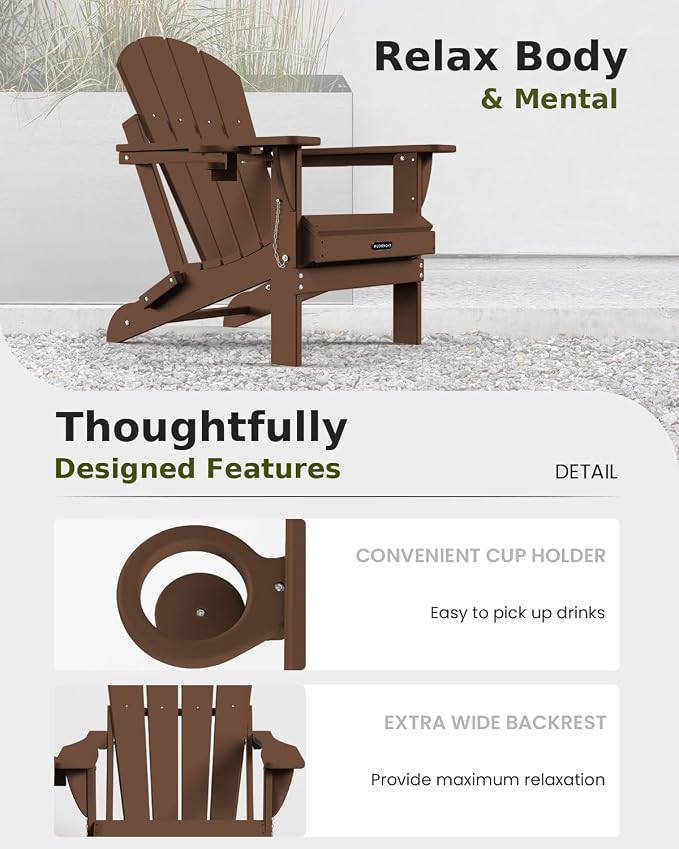 MUCHENGHY Folding Adirondack Chairs, Patio Chairs, Lawn Chairs, Outdoor Chair, Adirondack Chair Plastic, Fire Pit, Weather Resistant with Cup Holder for Deck, Backyard, Garden(Brown) - Image 6