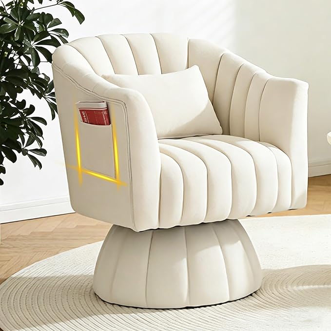 ClinQ Swivel Barrel Chair with Pillow & Side Pocket Set of 2, 360° Cloud Velvet Round Swivel Accent Chair, Cuddle Reading Lounge Chair for the Living Room, Bedroom, Office, White-Vertical Stripes