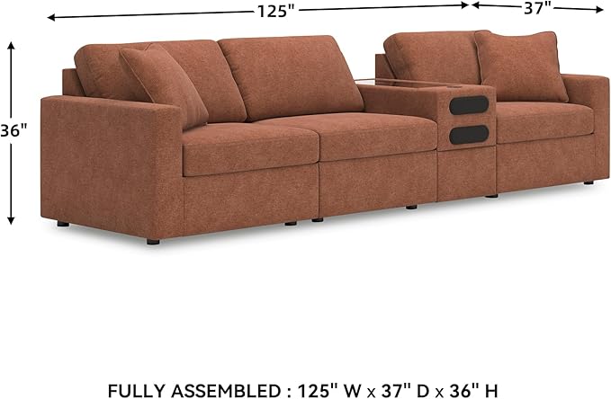 Signature Design by Ashley Modmax Urban Modular Stain Resistant 4-Piece Sectional with Audio Console, Drawer Storage, USB Ports and 2 Accent Pillows, Orange