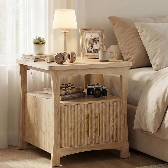 LIKIMIO Nightstand with Charging Station, Wood Night Stand, 23.6inch Large Bedside Table with Storage, End Table for Bedroom, Oak by LIKIMIO