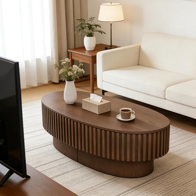Oval Lift Top Coffee Table with Storage, Mid Century Modern Center Table with Hidden Compartment for Living Room, Lift Tabletop Fluted Wood Dining Table for Home Office - Walnut