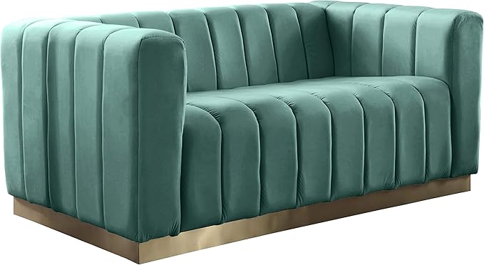 Meridian Furniture 603Mint-L Marlon Collection Modern | Contemporary Velvet Upholstered Loveseat with Deep Channel Tufting, Stainless Steel Base in a Brushed Gold Finish, Mint, 62.5" W x 34" D x 28" H