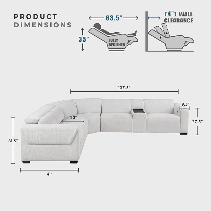 Lexicon Power Reclining Sectional Couches for Living Room-Modular Sectional Sofa, Wall Hugger,3 Recliner Seats, Console Cup Holders, Power Headrests, Charging Ports, 5 Seater Couch, Chenille Cloud