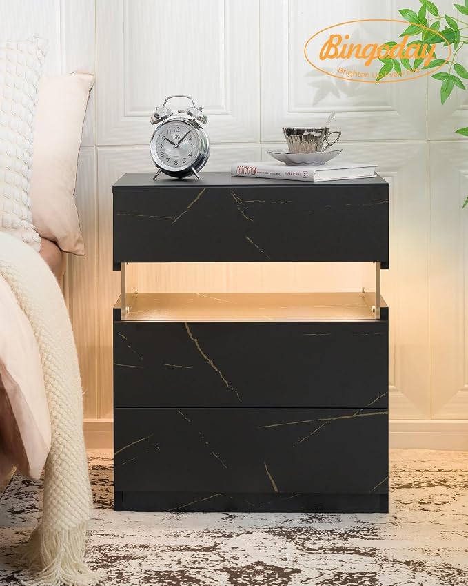 Bingoday LED Nightstands Set of 2 with 3 Drawers LED Bedside Tables Modern Night Stand with Acrylic Board Night Stand Set 2 for Bedroom - Image 4