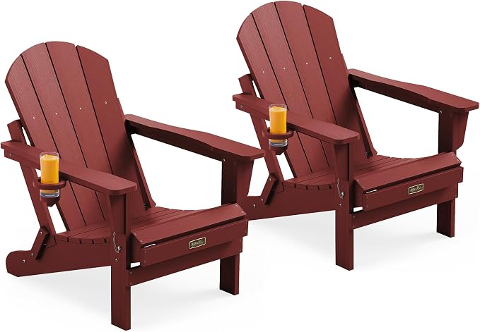 SERWALL Foldable Adirondack Chair Set of 2, Weather Resistant HIPS Patio Chairs with Cup Holder for Garden Outdoors Fire Pit Chairs- Red by SERWALL