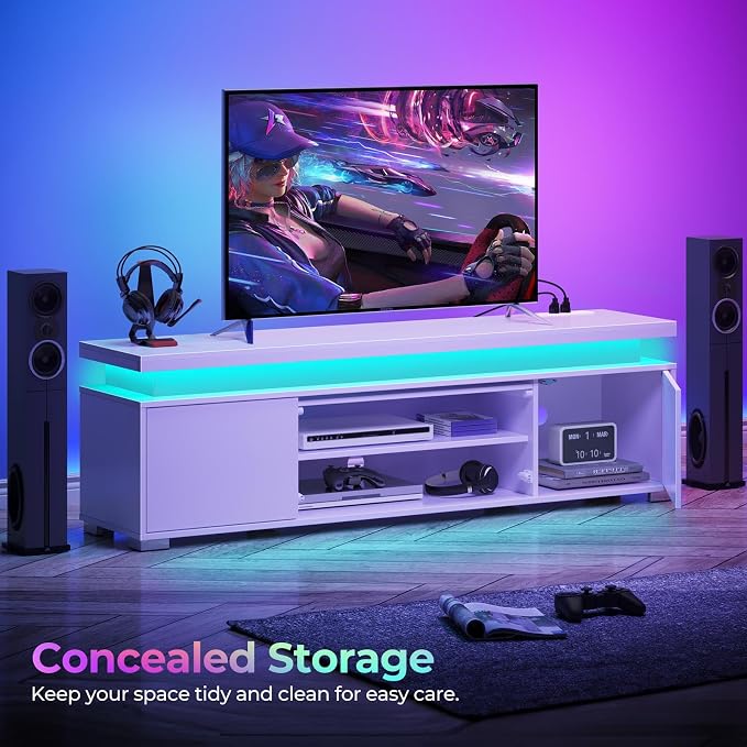 Rolanstar TV Stand with LED Lights & Power Outlet, Modern Entertainment Center for 32/43/50/55/65 Inchs TVs, Table, Universal Gaming Media Stand Storage Cabinet and Large Storage, White - Image 3