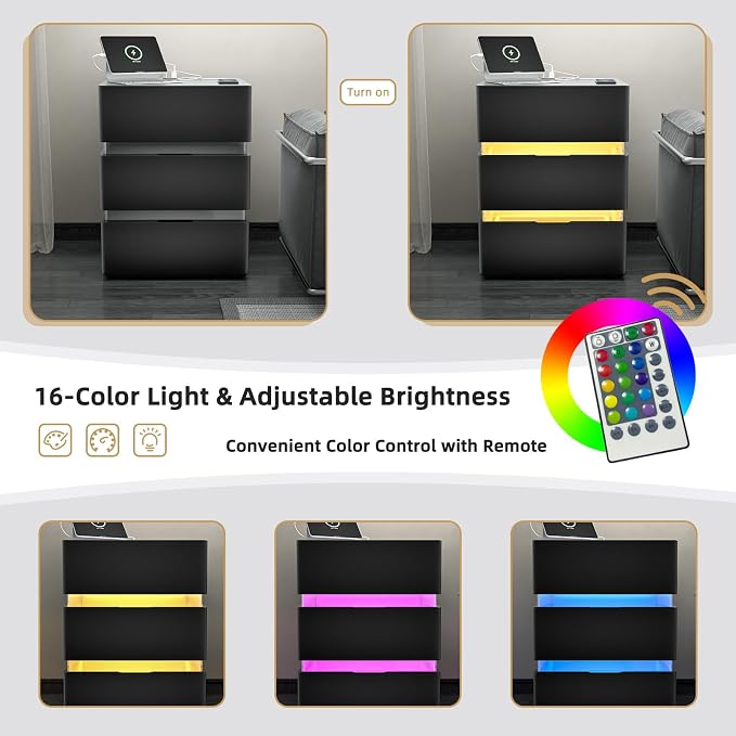 VINGLI LED Nightstand with Charging Station, 3 Drawer Nightstand, Black Nightstand, Acrylic Nightstand, Smart Nightstand, Wood Nightstand Bedroom, Modern Night Stand, Bedside Table, End Table - Image 4