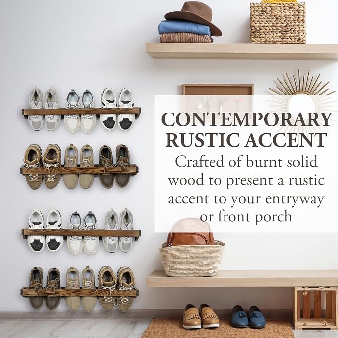 MyGift 30 Inch Rustic Burnt Solid Wood Hanging Shoe Rack, Set of 4 Wall Mounted Storage Organizer Footwear Holder for Closet, Mudroom, Entryway, Holds 12 Pairs - Image 3