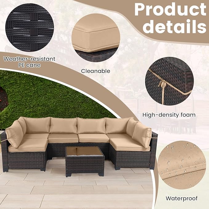 CHABATREE 7 Pieces Outdoor Patio Furniture Sets,Rattan Conversation Sectional Set,Manual Weaving Wicker Patio Sofa with Tea Table