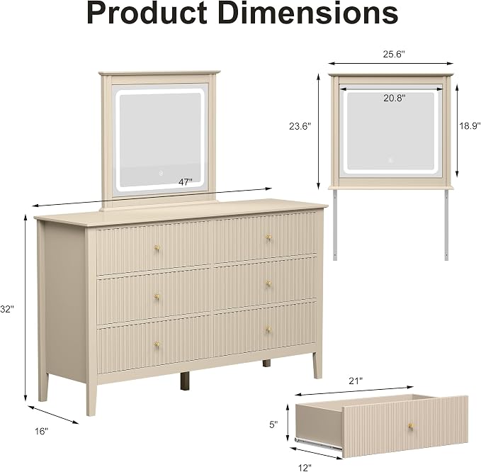 RoyalCraft 6 Drawer Dresser with Lighted Mirror, Beige Fluted Modern Wood Chest of Drawers, Long Dresser for Bedroom Storage - Image 2