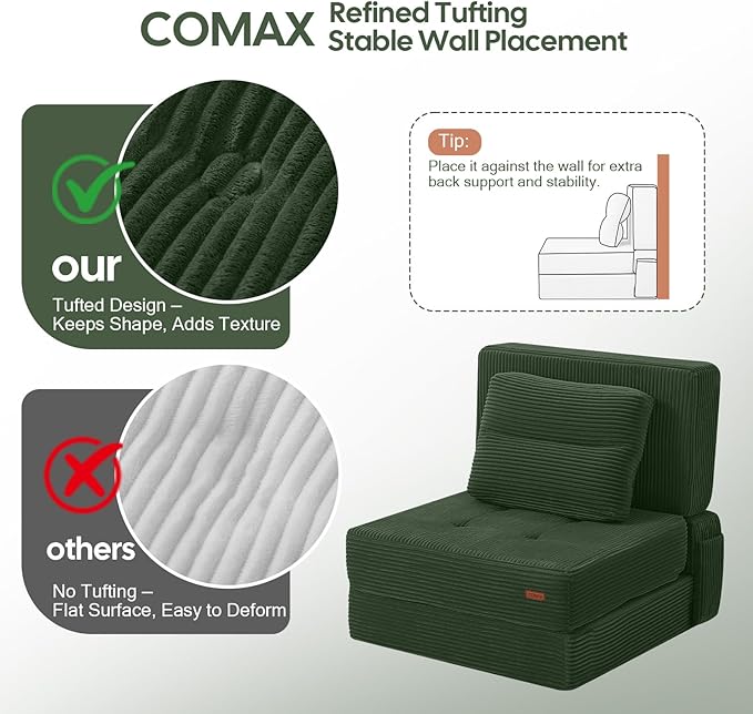COMAX Folding Sofa Bed, Foldable Couch for Bedroom, Convertible Floor Sleeper Futon Chair Foam, Corduroy 3 in 1 Fold Out Chair Portable Comfy Lounge Couch Sofa Bed for Small Space, Single, Green