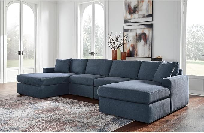 Signature Design by Ashley Modmax Stain Resistant Minimalist Modular Anti Sag 4-Piece Double Chaise Sectional with Loose Reversible Cushions and 2 Accent Pillows, Blue