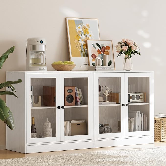 TUSY 71" TV Stand Storage Set - 2 Tall Bookcases & 2 Side Cabinets, Media Console with Glass & Wood Doors, Entertainment Center with Drawers, Tall Media Console for Living Room (White, ADDA) - Image 5