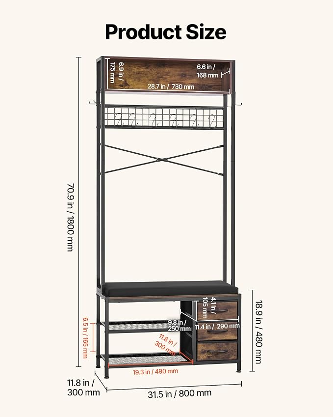 VEVOR Hall Tree with Bench and Shoe Storage, Entryway Bench with Coat Rack, 3 Drawers, 3 Storage Cubbies, 7 Hooks with Soft Cushion for Entryway, Hallway - Image 5