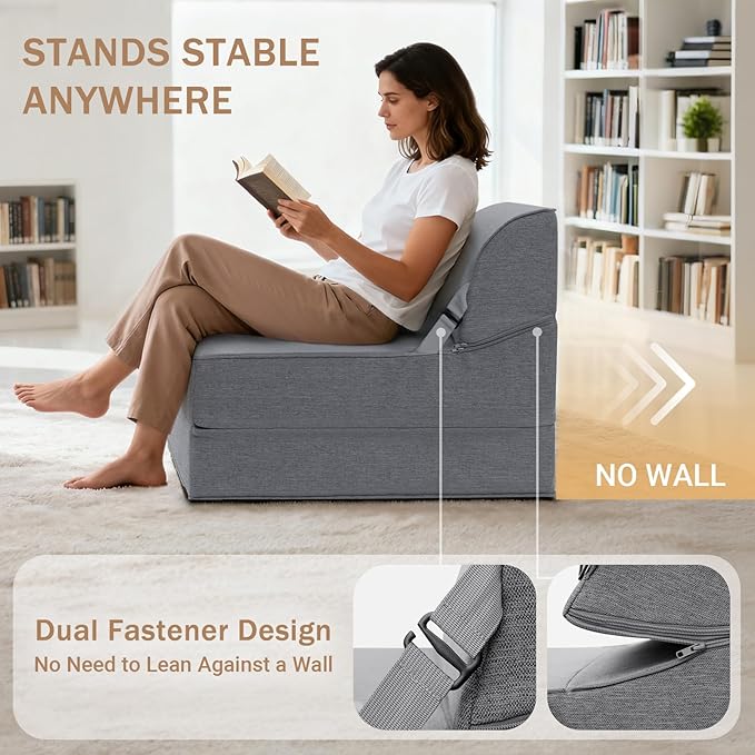BeBen Folding Sofa Bed Chair, Convertible Sleeper Chair Futon Couch, Foldable Boneless Floor Lounger Sofa, Twin Foam Chair Bed for Small Spaces, Dorm, Guest Room, Living Room, Apartment, Grey