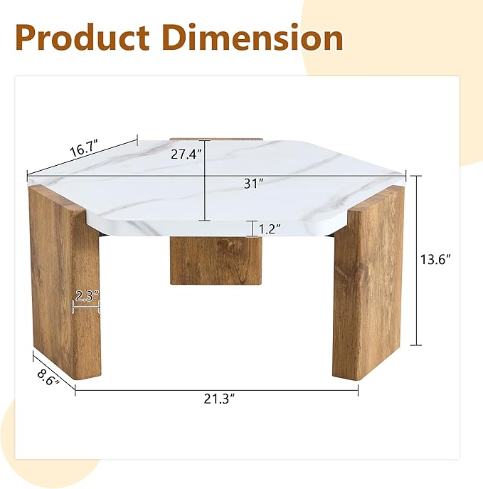 31 inch Modern Coffee Table Small Hexagon Marble Top and Wood Legs, Compact Living Room Coffee Table 250lbs Capacity, Quick Assembly Nordic Style
