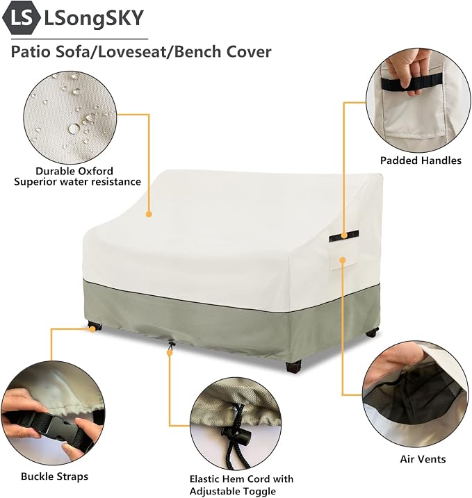 Patio 3-Seater Sofa Cover,Outdoor Couch Cover Fits up to 85W x 38D x 35H Inches,100% Waterproof Heavy Duty Patio Furniture Covers,Beige & Gray-Green - Image 4