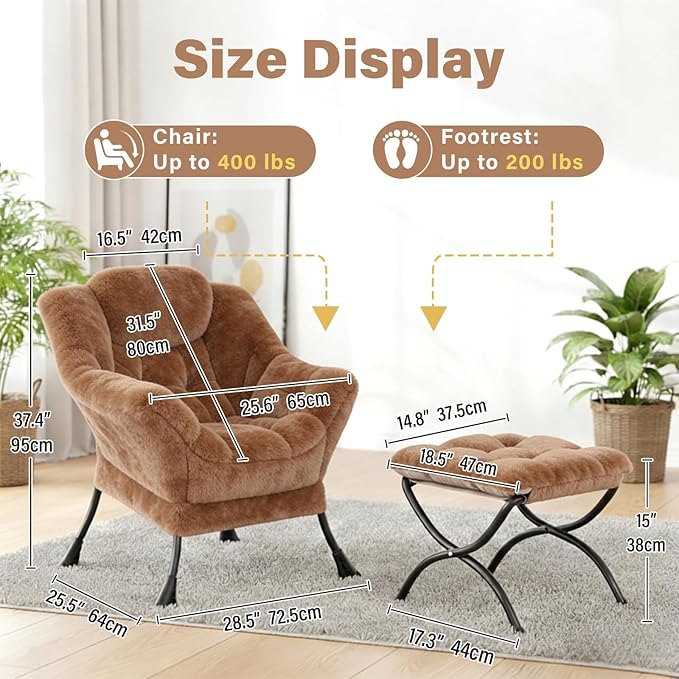 Cozy Lazy Chair and Ottoman, Large Contemporary Plush Brown Accent Chair Set, Modern Leisure Upholstered Reading Armchair for Bedroom, Living Room, Dorm Rooms, Office, Balcony