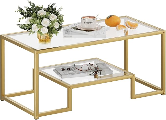 Coffee Table Gold Glass Coffee Table for Living Room,2 Tiers Rectangle Center Table with Sturdy Metal Frame,Modern Tempered Glass Accent Table for Bedroom Home Office