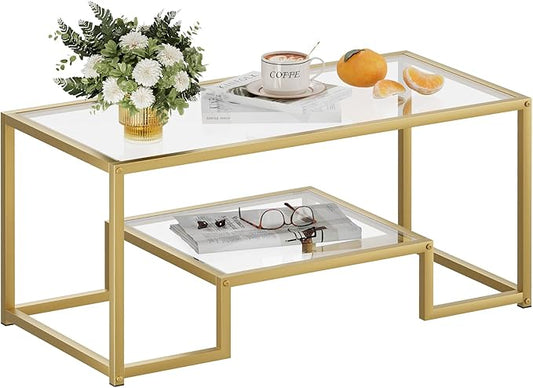 Coffee Table Gold Glass Coffee Table for Living Room,2 Tiers Rectangle Center Table with Sturdy Metal Frame,Modern Tempered Glass Accent Table for Bedroom Home Office