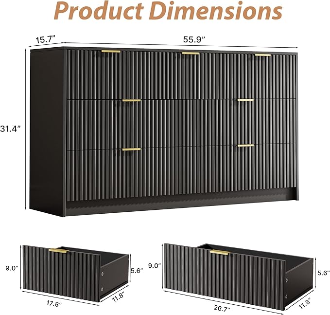 MAISONARIA 3-Piece Dresser Bedroom Set, 7 Drawer Dresser & 3 Drawer Nightstands with Gold Handles, Fluted Wood Chest of Drawers for Bedroom, Living Room, Entryway, Black