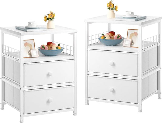 EnHomee 17.8" W Nightstand Set of 2,Bedside Table with Fabric Drawers and Open Wood Shelf Storage, Safety Netting on 2 Sides of End Table, Night Stand for Bedroom, Closet, Hallway, Dorm, White by EnHomee