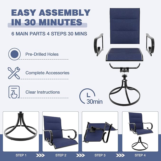 MELLCOM Swivel Outdoor Chairs Set of 8, High Back Padded Textilene Patio Dining Chairs with E-Coating Metal Frame, All-Weather Outdoor Furniture Rocker for Backyard, Porch, Garden, Lawn, Blue - Image 8