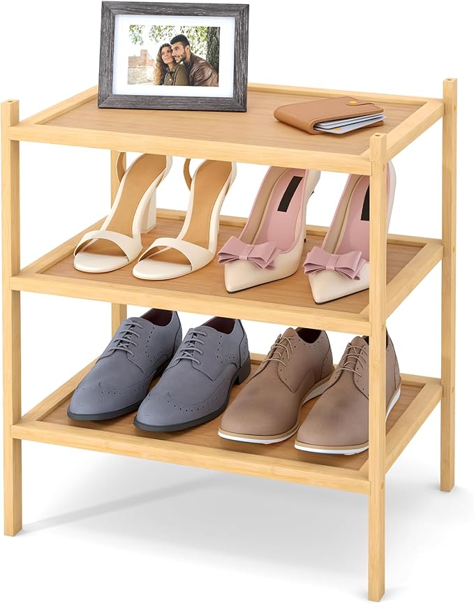 Smiry Bamboo Small Shoe Rack, 3 Tier Shoe Organizer for Entryway & Closet, Stackable Free Standing Storage Shelf for Shoes, Bags & Plants, Natural by Smiry