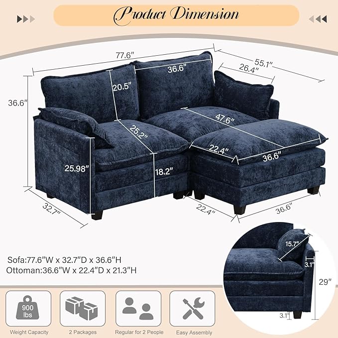 Modular Sectional Cloud Couch, 2 Seat Convertible Sectional Couches Sofa with Ottoman, Convertible L-Shape Cloud Sectionals Couches for Living Room, Apartment, Blue