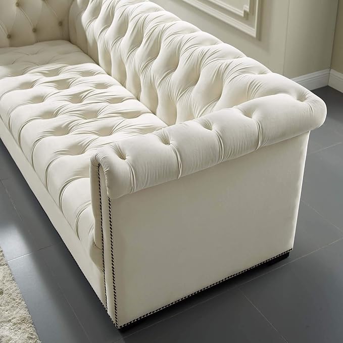 Modway Heritage Tufted Performance Velvet Upholstered Chesterfield Sofa with Nailhead Trim in Ivory