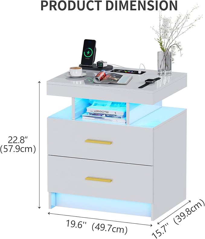 Smart Night Stand with Charging Station, Modern White Nightstand with 24 Color Lights and 2 Drawers, LED Bedside Tables with Auto Senor,High Gloss End Table for Bedroom - Image 2