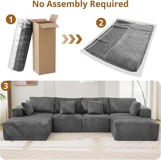 Cloud Boneless Couch 137" Modern Sectional U-Shaped Comfy No Assembly Required Convertible Compression Sleeper Modular Sofa with Corduroy Fabric Deep Seat Single + Chaise for Living Room