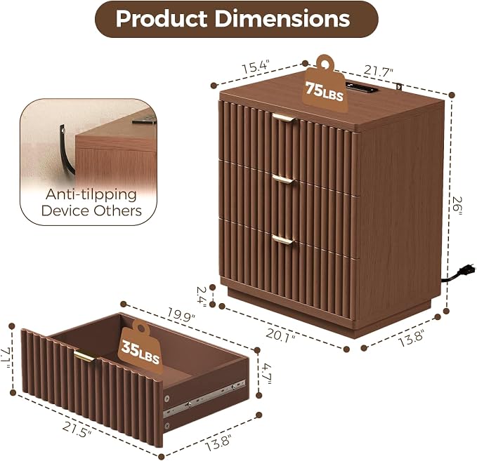 Nightstand with Charging Station, Wood Night Stand with 3 Drawers Storage Bedside Table Large Fluted Bed Side End Table, Modern Nightstand for Bedroom Living Room (Walmut) - Image 2