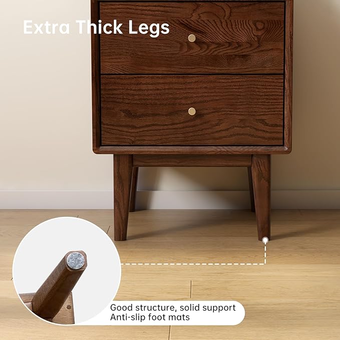 100% Solid Wood Nightstand, Walnut Nightstand with 2 Drawers, Mid Century Modern Night Stand, Oak Nightstands, Wooden Nightstands for Low Bed, Small Bedside Tables for Bedroom(19.69" H) - Image 4