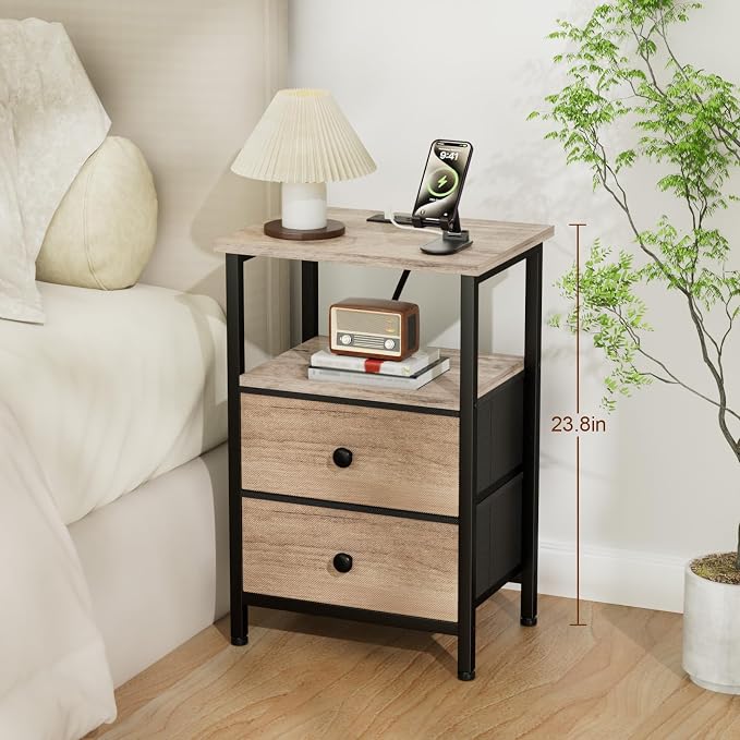 LOAKEKEL Night Stand with Charging Station, Small Bedside Table with 2 Fabric Drawers, Nightstand with USB Ports & Outlets for Bedroom, Grey, HETS020GY-1 - Image 7