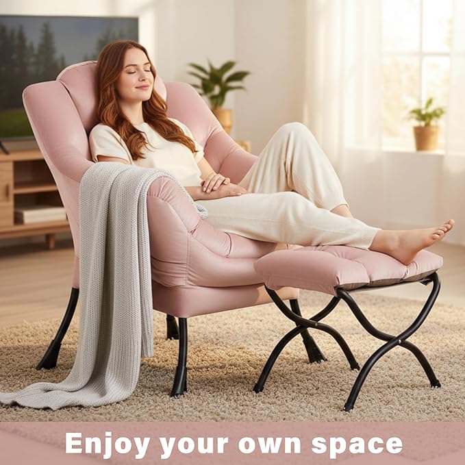 Lazy Chair and Ottoman, Large Accent Pink Velvet Chair with Side Pocket, Modern Leisure Upholstered Sofa Reading Armchair with Footrest for Office, Bedroom, Living Room, Dorm, Balcony