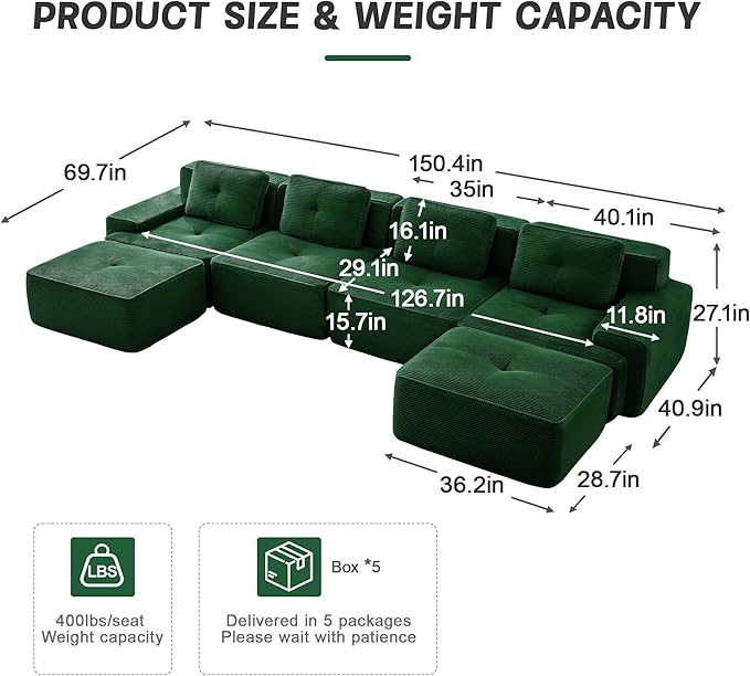 Casaphoria 150'' Green Boneless Sectional Sofa, Corduroy 4-Seater Cloud Couch with 4 Pillows & 2 Ottomans for Living Room, U-Shaped Deep Seat Modular Sofa for Apartment, No Assembly