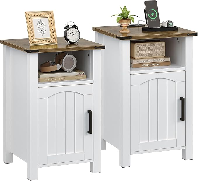 Farmhouse Nightstand with Charging Station, Set of 2 End Table with USB/Type-C Ports, Rustic Bedside Table with Large Storage and Open Shelf, Modern Side Table for Bedroom, Pure White + Walnut by Decofy