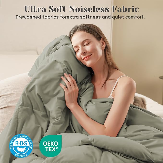Joysoul California King Size Down Comforter - All Season Ultra Soft Goose Down & Feather Fiber Fill, Luxury Hotel Sage Green Duvet Insert with Corner Tabs (108" X 94")