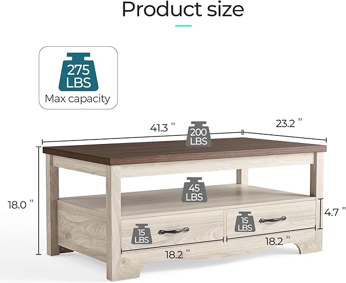 LINSY Farmhouse Coffee Table, Rectangle Coffee Table with Drawers, Rustic Wooden Coffee Tables with Storage, Center Table for Living Room, Apartment, Office, White Oak